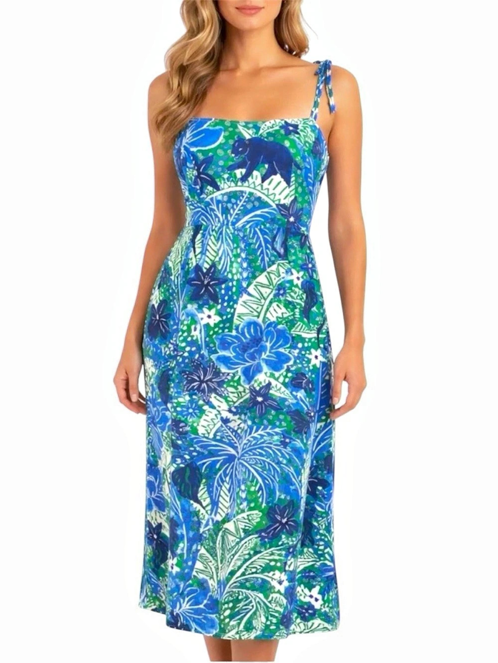 Rachel Zoe | Floral Midi Dress Blue & Green Size XL Like New
